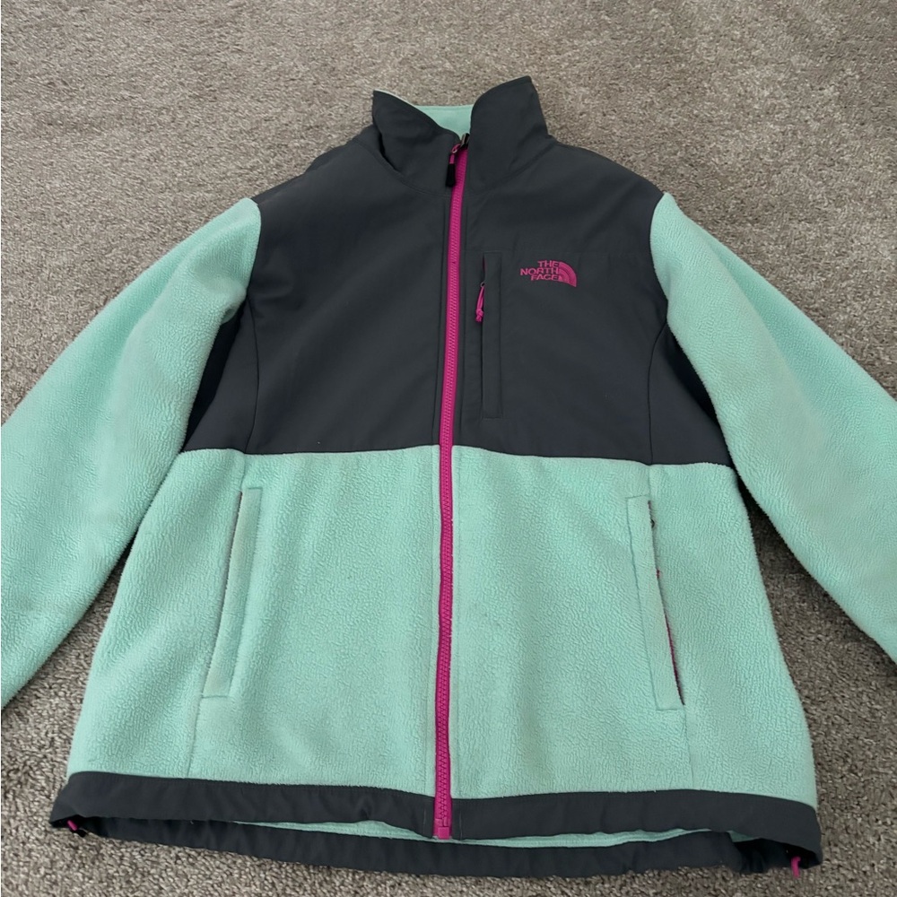 The North Face Mint Green and Black Fleece Jacket with Pink Accents